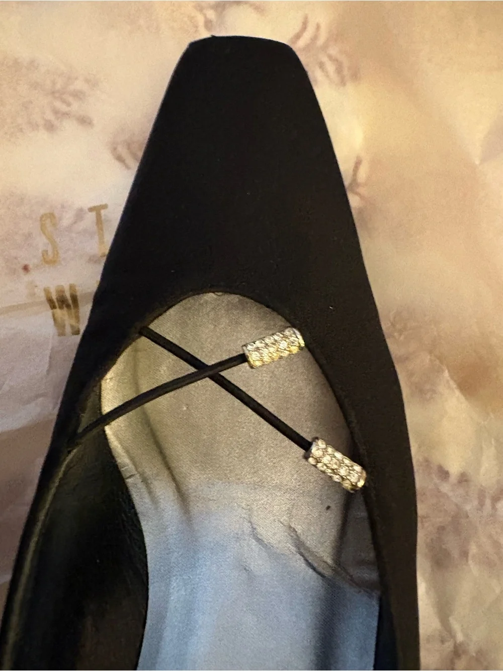Stuart Weitzman Black Silk Crepe Pumps with Crystal-Strap Detail Size 9W